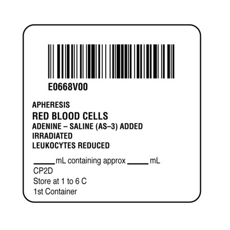 Nev'S ISBT 128 Apheresis Red Blood Cells 2" x 2" BBC-0668